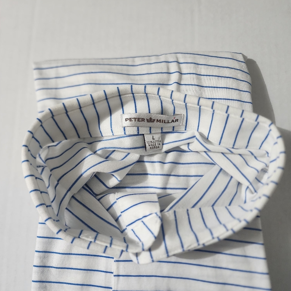 Peter Millar Men Polo Shirt Blue White Stripe Cotton Golf Short Sleeve Size L - Picture 6 of 7